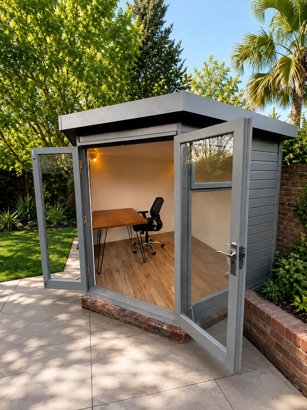Compact 9 by 8 ft garden office with a desk and chair visible inside