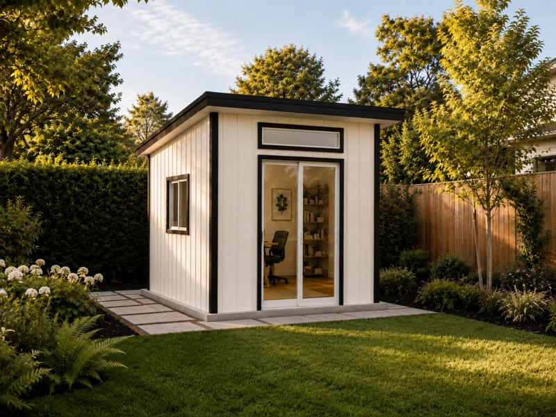 10 × 10 ft backyard studio with black-trimmed french doors, set on a lawn at golden hour