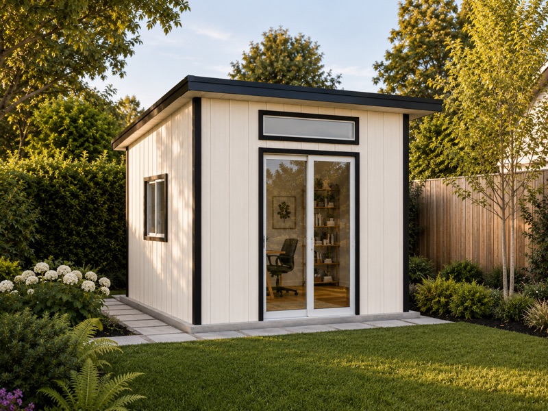 10 × 12 ft backyard studio with black-trimmed french doors, set on a lawn at golden hour